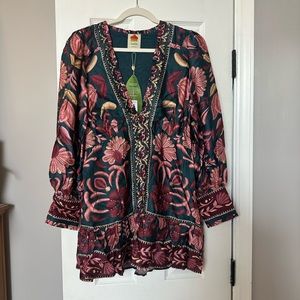 NWT Farm Rio Teal Seashell Tapestry Lenzing™ Ecovero™ Viscose Mini Dress